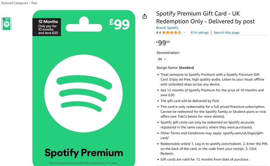 Spotify Premium Gift Card - 12 months | hotukdeals