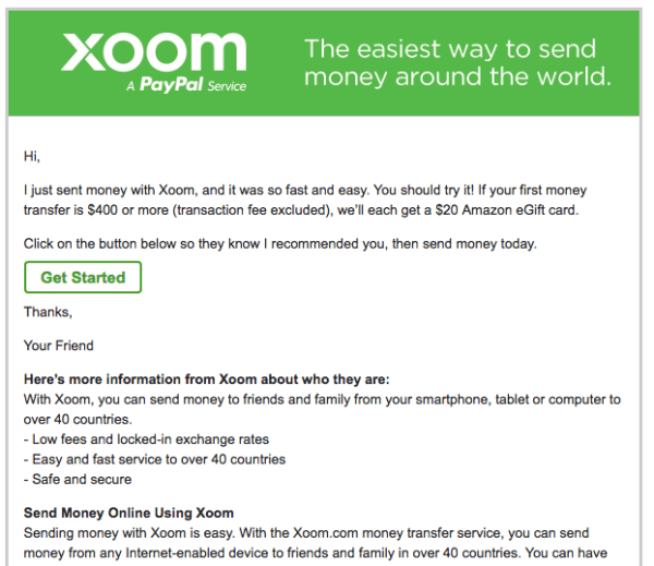 Xoom Money Transfer Service $25 Refer A Friend Bonus