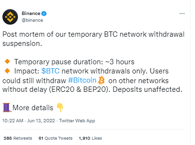 Binance Resumes BTC Withdrawals Hours after Halt