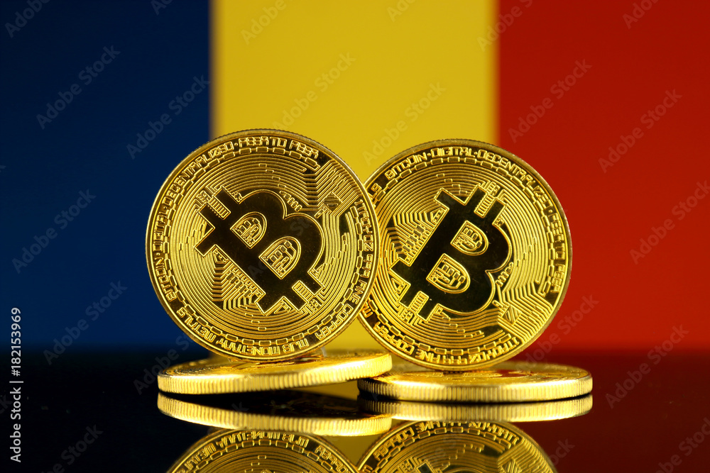 Three Bitcoin crypto coins with the flag of Romania. Money of the future Illustration #