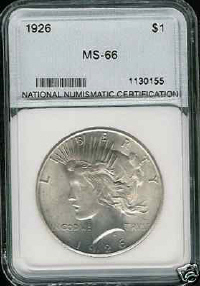 Peace Silver Dollar, NNC Graded MS 65 Uncirculated Coin. Store #0