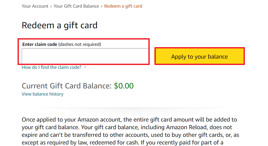 Transfer of amazon gift card balance to my Kindle account