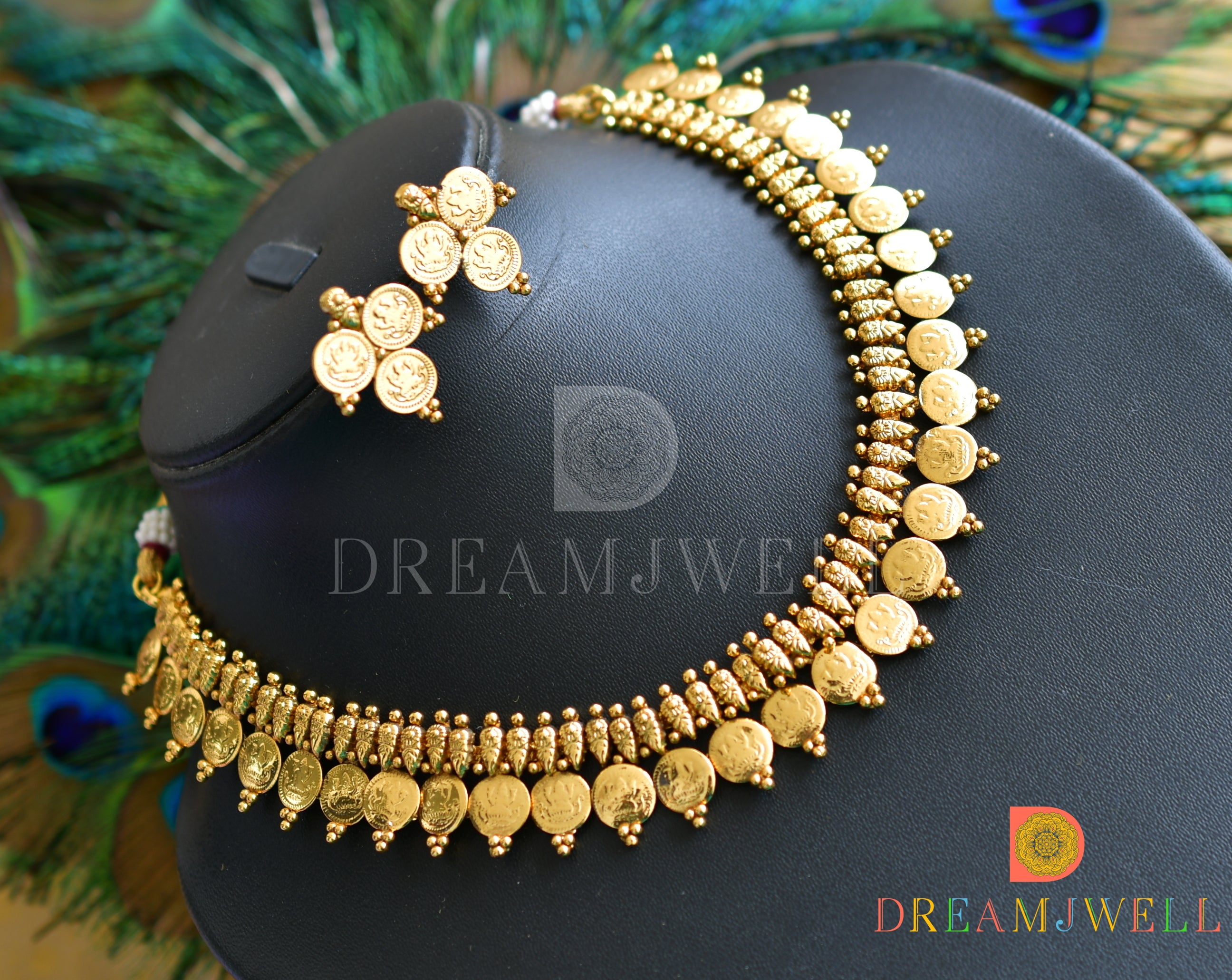 Lakshmi Coin Necklace in Pearl Gold Finish, Temple Jewelery – Hayagi