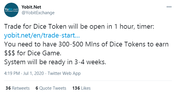 Yobit Token (YO)をDice (DICE)に変換する