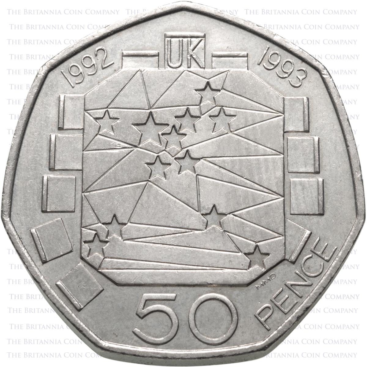 Silver proof 50p coin celebrating the completion of the European single market